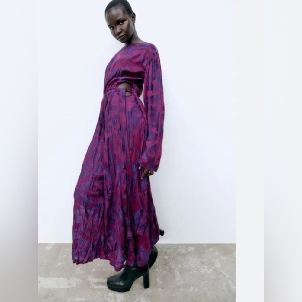 ZARA purple violet creased jacquard pattern midi dress loose elastic waist print